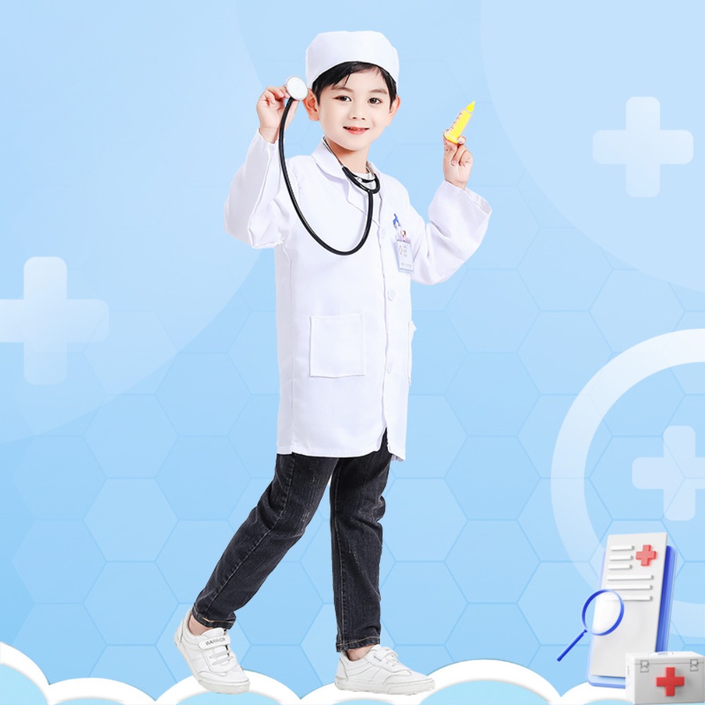 Medical Laboratories - ชุดคอสตูมบทบาทสมมติคุณหมอและพยาบาลสำหรับเด็ก, เสื้อกาวน์สีขาวสำหรับการแสดงบนเวทีและการเล่นบทบาทสมมติ, ชุดแต่งกายแพทย์สำหรับเด็กเล็ก